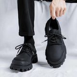 Zingj Men's Casual Platform Versatile Black Leather Shoes Heighten Derby Shoes Frosted Black