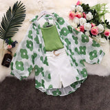 New Summer Women's Knitted Condole belt + Lantern Sleeve Sunprevent Clothes + Wide Leg Shorts 3 Piece Sets
