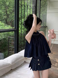 Hot Girl Retro Suit Women's Summer Halter Neck Off Shoulder Tank Top Denim Pleated Skirt Two-piece Set Female