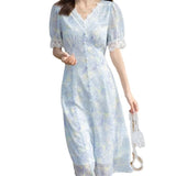 2021 Summer V Neck Short Sleeve Slim Pullover Dress Vintage Print High Waist A Line Vestidos
