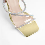 Onlymaker Women's Summer Crystal Lace-Up Stiletto High Heel Sandals Multicolor Square Toe Cross Strap PVC Bling