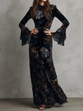 Blue Retro Print Temperament Slimming Velvet Cheongsam Dress Dress Autumn And Winter Long