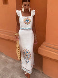 Print Side Split Midi Skirt Set For Women Chic Ruffles Pleated Flying Sleeves Tank Suit 2024 Female Fashion Beach