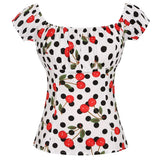 Sexy Women Tops Slim Off The Shoulder Rockabilly 50s Style Vintage Polka Dot Cherry Floral Printing Short Sleeve