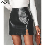 PETAL Faux Leather Slit Mini Skirt For Woman Black Sexy Casual Straight High Waist Mini Skirt 2023 Spring Skirt