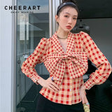 Orange Plaid Bow Puff Sleeve Top Korean Blouse Women Long Sleeve V Neck Button Up Shirt Blouse 2021 Autumn
