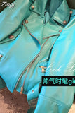 Spring Autumn Cool Bright Green Pu Leather Biker Jacket Women Zipper Long Sleeve Luxury Designer Streetwear Fashion
