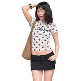Autumn New Women's Hottie Round Collar Wave Point Letter Print Repair Bottom Short-Sleeved