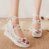 Zingj White Sole Embroidered Cloth Shoes High Heel Slope Canvas Embroidered Women's Singles Shoes Lace Retro National Style Cloth