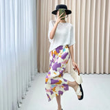 Folded Purple Snowflake Print Skirt Gentle Cream Purple Bump Color Daily Slim High Waist Open Straight