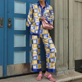Print Long Sleeve Shirt Outfits Elegant Lapel Buttoned Blouse Long Pant Suits Women Loose Mid Waist Pants Two Piece