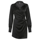 Elegant V Neck Sexy Long Sleeve Shirt Dress Women Autumn Black White Ruched Casual Short Dresses Ladies