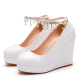 Cm White Round Head Water Table Slope Single Shoes Women Pearl Beads Supo Heel Shoes Large-Size High Heel Single Shoes