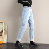 Jeans Winter 2020 New Velvet Thick Mom Jeans High Waist Harem Trousers Female Pantalon Loose Wide-leg Fleece Denim