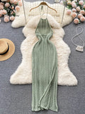 Sexy Backless Knitted Dress Women Halter Sleeveless Hollow Out Split Sundress Korean Vacation Knit Beach Long
