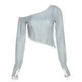 Autumn 2021 New Women's Solid-Color Fashion Slanted Shoulder Sexy Perspective Long-Sleeved T-Shirt In Wood