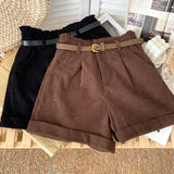 Rolled Wide-leg Shorts Women Korean Retro Elastic Waist Loose Casual Short Pants With Belt Loose A line Shorts