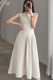 O-neck Woman A-line Dresses for Women Sleeveless Slim Waist Female Solid Dress Elegant Ladies Midi Vestidos Summer