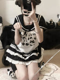 Aesthetic Preppy Short Sleeve T-shirts Contrast Color Salior Collar Sweet Kawaii Tops 2024 Women Fashion All Match Bow