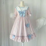 Japanese Sweet Girly Lolita Style Women Dress Fashion Cute Bow Puff Sleeve Cosplay Dresses Kawaii Girl Striped