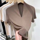 Blouses and Shirts Summer Clothes for Women V Neck Green Blue Gray Slim Skinny Shirts Short-sleeved Top Women's