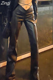 Y2K Black Faux PU Flare Pants for Women Fashion High Waist Drawstring Slim Leather Pants Trousers Autumn New