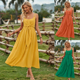 Hot New Women's Summer Fresh Ranch Wind Pure Color Sling Strap Tie The Waist