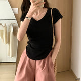 And Feel Waist Solid Color V-Collar Short-Sleeved T-Shirt Women's New Summer Side Wrinkle Slim To Show The Trend Of Thin Short-Style