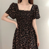 for Women Sweet Puff Sleeve Floral Print Square Collar Mid-Calf Summer Dress Korea Chic Slim Women's Summer