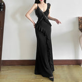 Summer New Women's Style Of French Temperament V Collar Bare Back Leaves Lace Splicing Slinging