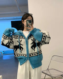 Deer Jacquard Hooded Knitting Zipper Cardigan- Outfit