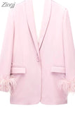 Black Feather Blazer Women Button Fashion Woman Blazer 2023 Casual Elegant Womens Jackets Long Sleeve Women's Winter