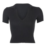 Casual Knitted Crop T Shirt Women Short Sleeve Woman Tshirt Tops Tees Korean Fashion Turn-down Collar T-shirt