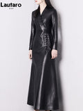 Spring Autumn Extra Long Red Black Fitted Soft Faux Leather Coat Women with Chinese Knot Buttons V Neck Designer