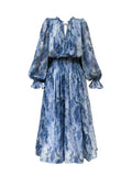 Style Elegant Print Dress for Women 2023 Summer Fashion Chic Long Sleeve Lace-up Female Dress Temperament Midi