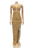Sexy Gold Sequined High Split Maxi Dress Women Summer Strap Mesh Patchwork Bodycon Clubwear Long