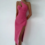 Elegant Inclined Shoulder High Split Midi Dress For Women Gown Summer Backless Sleeveless Bodycon Long Dress