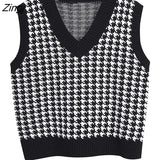 Loose sleeveless vest sweater 2021 autumn winter women's houndstooth knitted vest V-neck sleeveless pullover sweater