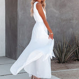 Women New Spring Solid Maxi Dress Elegant Deep V Neck Office Lady Long Dress Summer Sleeveless Hollow Out Hight Slit Party