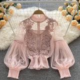 Zingj Sense Of Minority Three-Dimensional Flower Collage Perspective Net Gauze Lantern Sleeves Slim Short Blouse Women's Lace Bottomed
