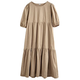 White Cotton Puff Sleeve Dress Woman Summer Midi Dress Short Sleeve Cascading Ruffles Blouses
