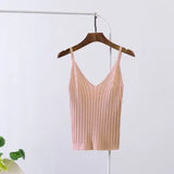 Sexy Knitted Crop Top Crop Sleeveless Cropped Vest Slim Sling Knitted Tank Top V-neck Plain Camisole High Elastic