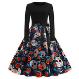Women Pumpkin Print Party Dress Black Streetwear Gothic Long Sleeve O Neck Vintage Casual Robe Femme Halloween