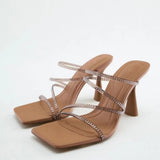 ZA Brand 2022 Summer New White One Word With Fashion Square Toe High Heels Sexy Stiletto Muller Sandals And Slippers Women