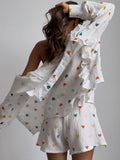 Zingj Set Heart-Shaped Print Stitching Wood Ear Long Sleeve Shirt Shorts Set Pure Cotton