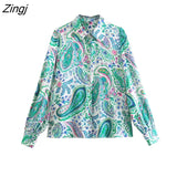Women Fashion Green Cashew Nuts Print Blouse Office Lady Single Breasted Satin Shirt Chic Chemise Blusas Tops