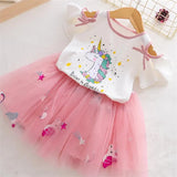 Clothing Sets 2021 Summer Princess Girl Bling Star Flamingo Top + Unicorn Print Dress 2pcs Set Children Clothing