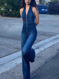 Halter Neck Denim Jumpsuit- Outfit