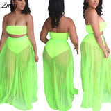 Up Skirt Swimsuit Women 3 Piece Set Strapless Crop Tops Pants And Mesh Skirt Fashion Pleated Beach
