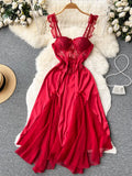 Lace Sexy Camis Party Dress Summer Women Hollow Out Spliced Mesh Irregular Fashion Backless Slim Long Evening